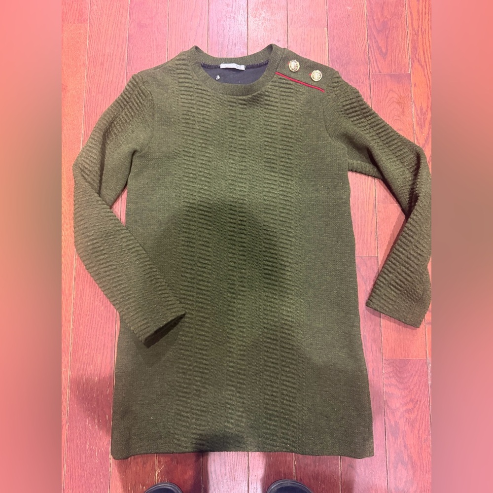 Zara Women’s Olive Green Ribbed Knit Sweater Dress with Gold Button Detail
